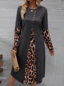 EMERY ROSE 豹紋拼接下肩連衣裙 - 深灰色 - 查看 3