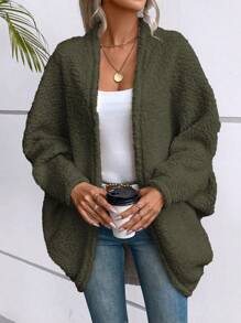 SHEIN LUNE Ladies Fuzzy Solid Color Jacket - Dark Green - View 4