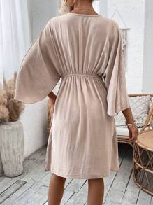 SHEIN Privé Batwing Sleeve Knotted Front Dress - Khaki - View 2