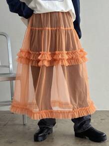 FRIFUL Mesh Flounce Hem Skirt - Orange - View 3