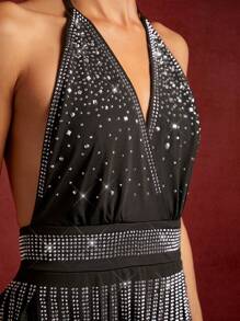 SHEIN Unity Rhinestone Fringe Hem Halter Romper - Black - View 3