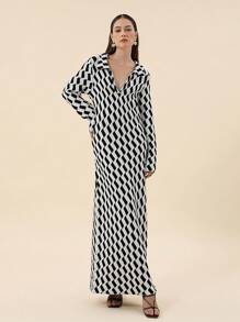 SHEIN Privé Women's Geometric Pattern Sweater Dress - Black and White - View 5