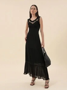 SHEIN Privé Floral Embroidered Mesh Insert Ruffle Hem Dress - Black - View 6