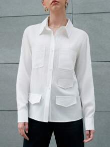 Anewsta Camisa De Color Sólido Con Parche Y Bolsillo - Blanco - Ver 8