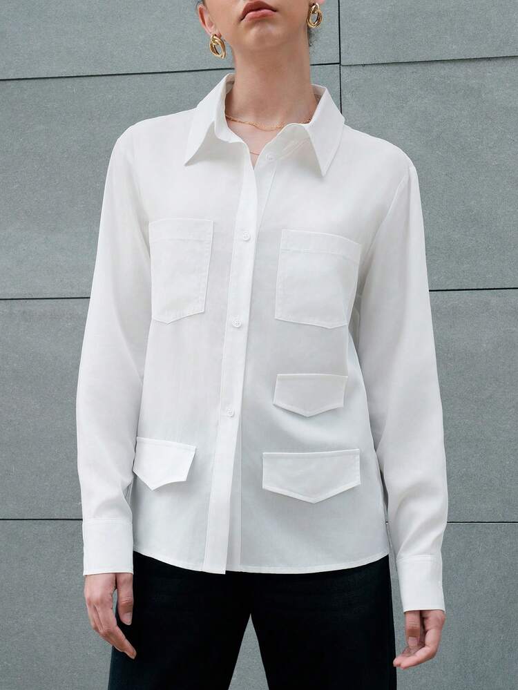 Solid Color Patchwork Shirt With Pocket Fall Cloth For Women