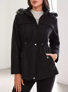 RueChic Drawstring Waist Fuzzy Trim Hooded Overcoat - Black - View 4