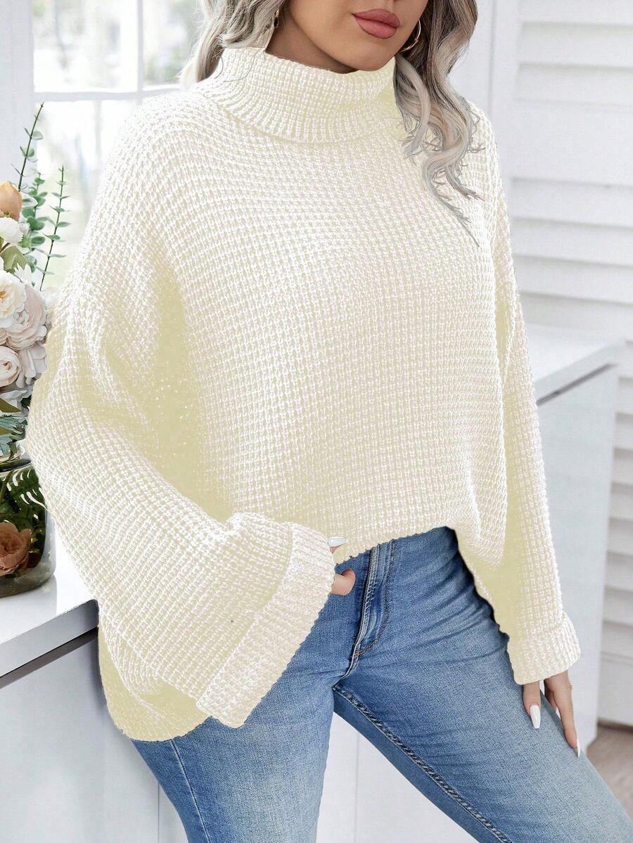 Calvaya Talla Grande Suéter Con Cuello De Tortuga Y Hombro Caído - Beis - Ver 1