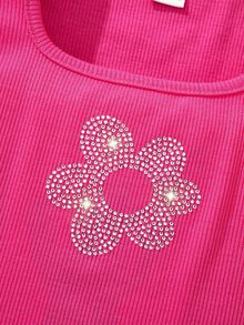 少女鑲嵌花卉水鑽背心上衣 - 玫紅色 - 查看 6