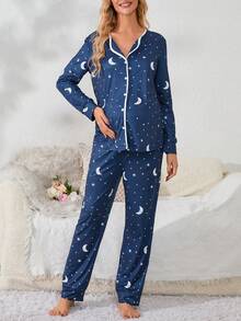Maternity Moon & Star Printed Long Sleeve And Long Pants Pyjamas Set - Blue - View 3