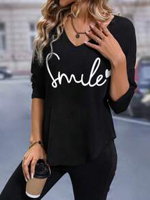 SHEIN LUNE Áo thun in hình trái tim và chữ cái cho nữ Áo thun họa tiết cho nữ - màu đen - Xem 6