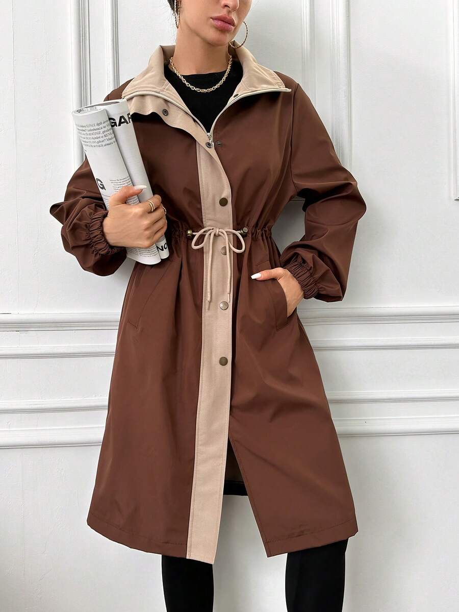 EURMUSE Chaqueta Con Cremallera Y Botonadura Sencilla En Contraste Para Mujer - Marrón - Ver 1