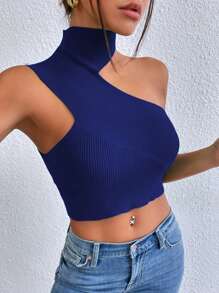 SHEIN Privé Của phụ nữ Xu hướng: Cắt giảm Mùa vụ Đồ đan Ribbed Áo - Xanh đậm - Xem 3