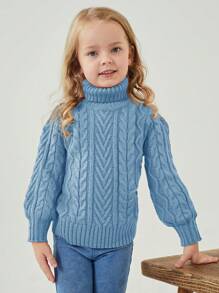 SHEIN Young Girl Turtleneck Cable Knit Sweater - Blue - View 6