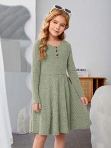 SHEIN Đầm thường ngày dệt kim cổ tròn màu trơn cho cô gái tuổi teen, tay dài, mùa thu đông - Màu xanh Bạc hà - Xem 1