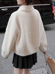 女士休闲蓬松牛角扣夹克，秋冬款 - 米色 - 查看 2