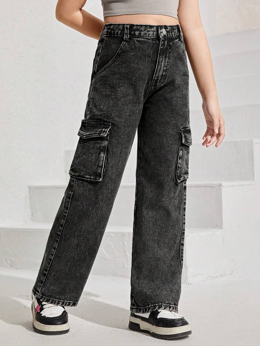 Cô gái Tween Túi nắp bên cạnh Quần jean chở hàng - Xám - Xem 1