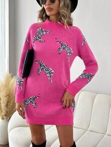 SHEIN LUNE Hoa văn Báo Tay Raglan Đầm Áo len - Màu Hồng Tươi - Xem 3