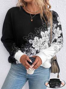 EMERY ROSE Plus Size Women's Floral Print Round Neck Sweatshirt Pullover Fall Winter Sweatshirt Autumn - Black and White - View 1