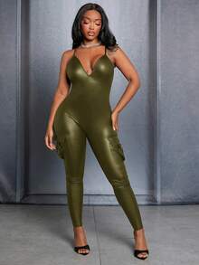 Slaydiva Chặt Phù hợp Áo liền quần Với Bên Túi Và Dây đai - xanh quân đội - Xem 6