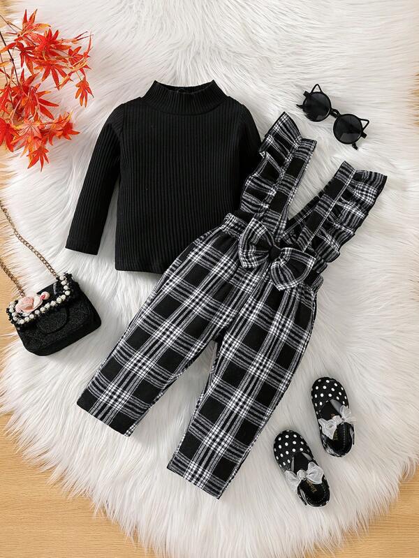 Conjunto informal con peto vintage a cuadros para bebés niñas, con camisa y pantalones, para Navidad