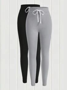 SHEIN EZwear 2 piezas Leggings unicolor de cintura con cordón