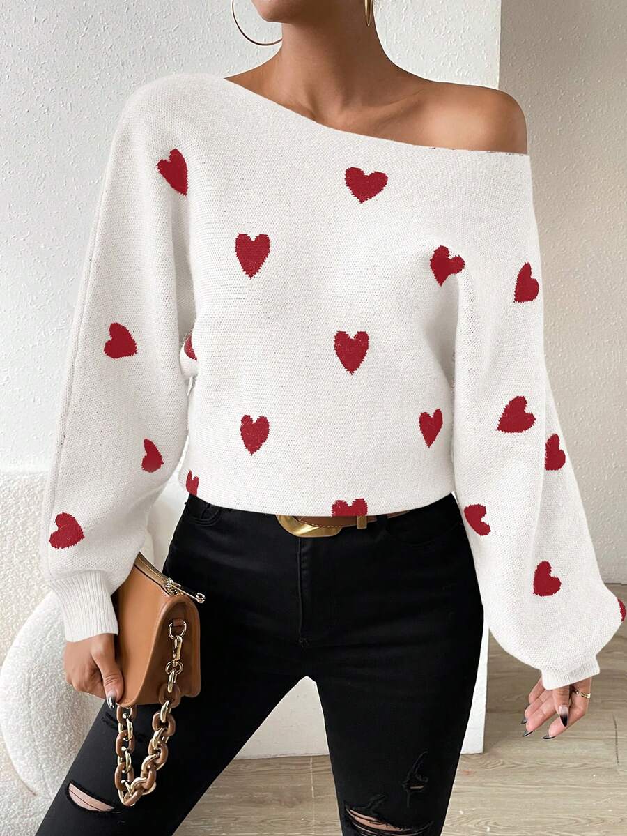 Chiquease 女士心形圖案蝙蝠袖毛衣 - 白色 - 查看 1