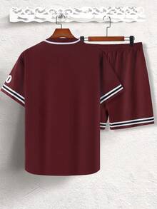 Aesthetic Post Nam In Nút Ngắn tay Áo thun Và Bộ quần short - Màu Đỏ Sâu - Xem 2