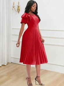 Women's Elegant Ruffle Sleeve Pleated Christmas Dress, Summer - Red - View 6