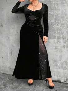 Celure Plus Size Contrast Mesh Dress - Black - View 1
