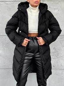 EURMUSE Solid Color Drawstring Hooded Zipper Decor Casual Padded Jacket - Black - View 1