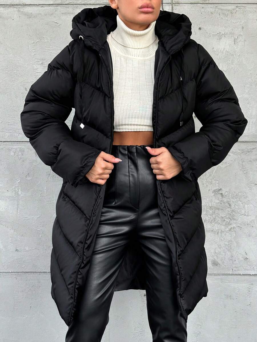 EURMUSE Solid Color Drawstring Hooded Zipper Decor Casual Padded Jacket - Black - View 1