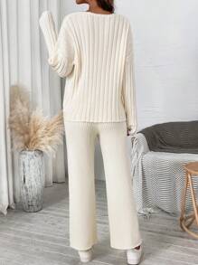 SHEIN Essnce Women's V-neck Drop Shoulder Sweater 2pcs/set - Apricot - View 2