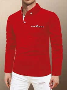 Manfinity Homme 男士大碼長袖polo衫 - 紅色 - 查看 3