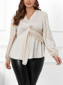 SHEIN Clasi Women's Plus Size Twisted Front Lantern Sleeve Shirt - Apricot - View 4