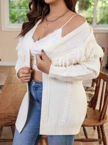 Flirla Hơn Viền rìa Thả vai Áo len Duster - trắng - Xem 5