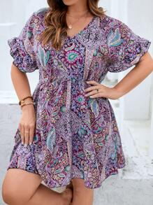 SHEIN Clasi Plus Paisley Print Flounce Sleeve Dress - Multicolor - View 6