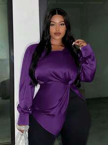 Slaydiva 大尺碼不對稱褶皺打結襯衫 - 紫色 - 查看 1