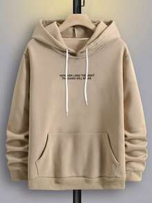 Manfinity Nam Kích thước lớn Tay & In Khẩu hiệu Dây rút Lông cừu Hoodie - Màu Khaki - Xem 2