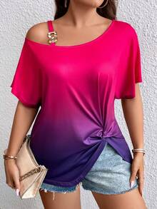 SHEIN LUNE Áo thun nữ cổ bẻ bất đối xứng viền xoắn gradient cỡ lớn Áo thun họa tiết áo thun nữ - Nhiều màu - Xem 4