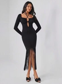 Taranthola 设计师交叉系带流苏下摆紧身连衣裙、优雅连衣裙、秋季新年夜服装，适合秋季、节日、派对 - 黑色 - 查看 6