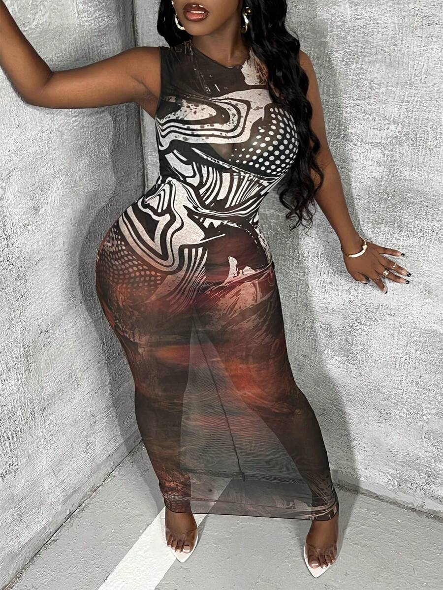 Slaydiva Graphic Print Mesh Bodycon Dress Without Lingerie Set - Multicolor - View 1