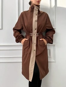 EURMUSE Chaqueta Con Cremallera Y Botonadura Sencilla En Contraste Para Mujer - Marrón - Ver 6