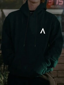 Manfinity Men Plus Drop Shoulder Print Drawstring Hoodie - Green - View 1