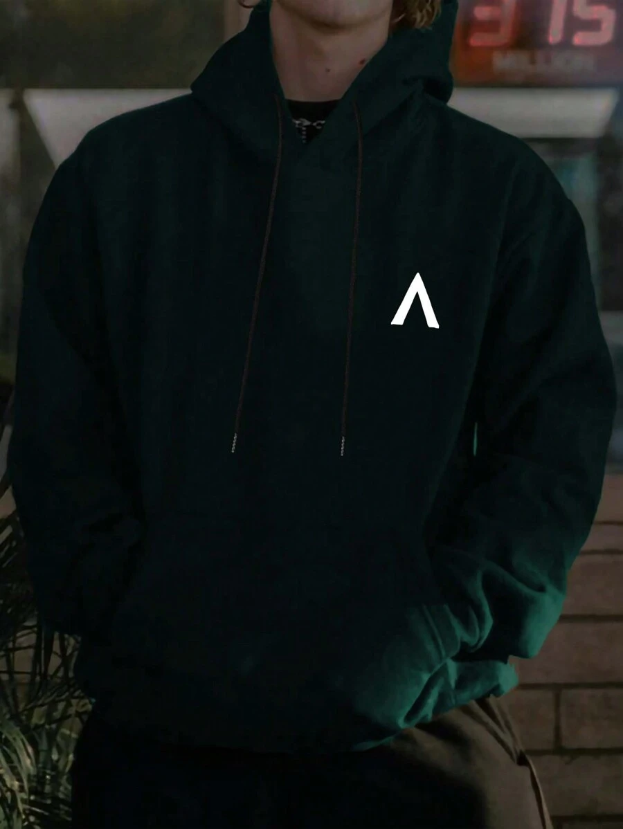 Manfinity Men Plus Drop Shoulder Print Drawstring Hoodie - Green - View 1