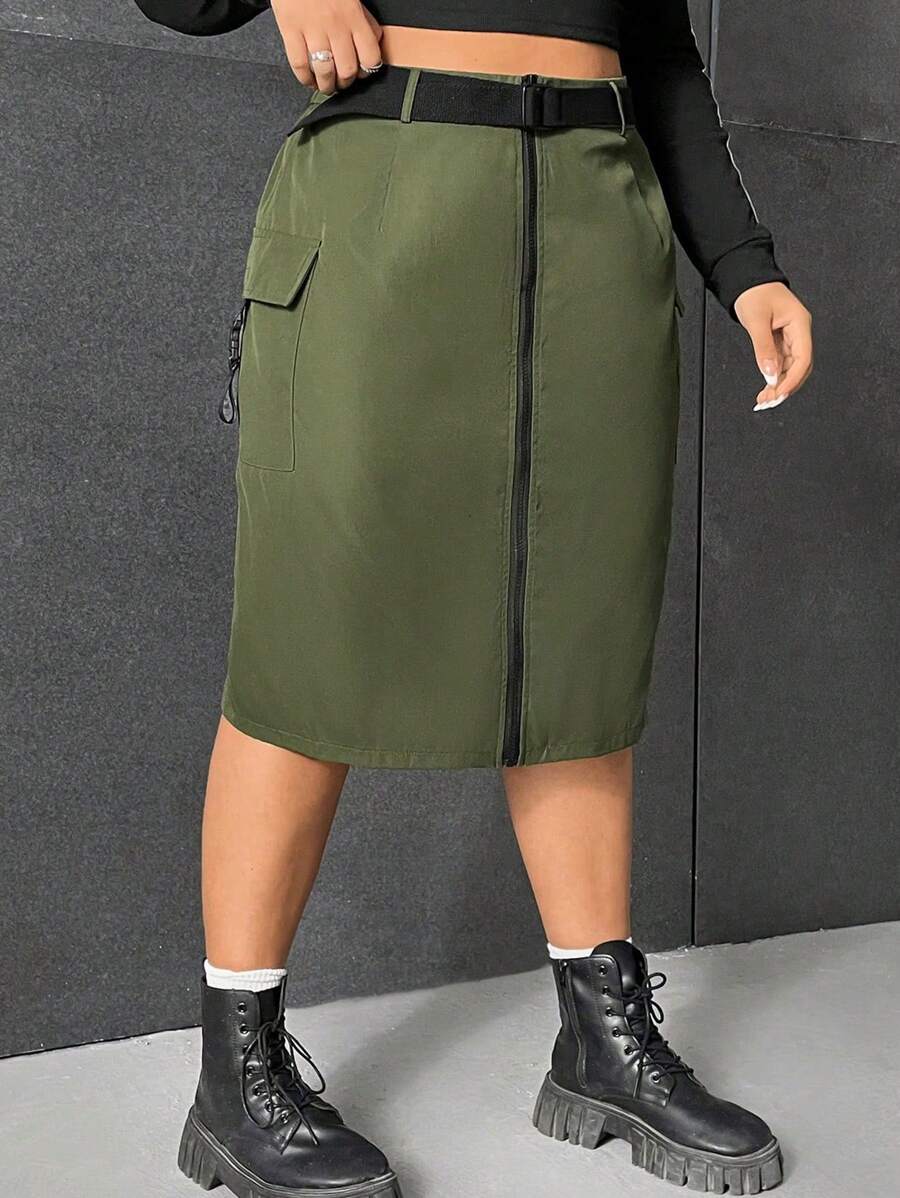 SHEIN EZwear 大尺碼女士腰帶口袋裙 - 軍綠色 - 查看 1