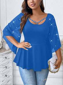 SHEIN Clasi 大尺寸串珠鏤空腰部收緊上衣 - 寶藍色 - 查看 3