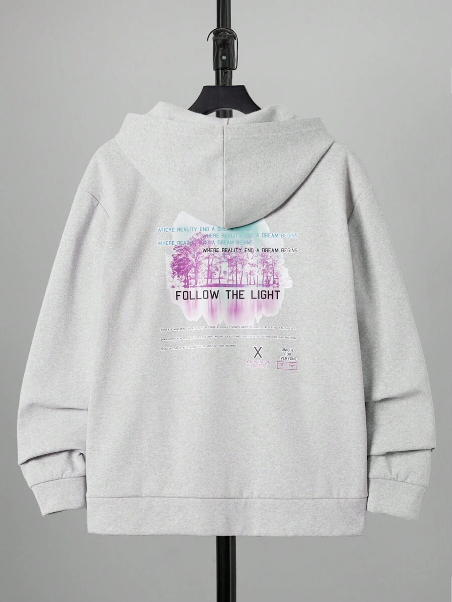 RueChic Men Slogan Graphic Zip Up Hoodie - Grey - View 1