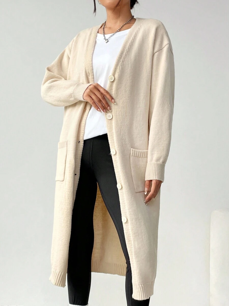 SHEIN Essnce 杏顏色前紐扣落肩袖開襟衫帶雙面口袋 - 米色 - 查看 1