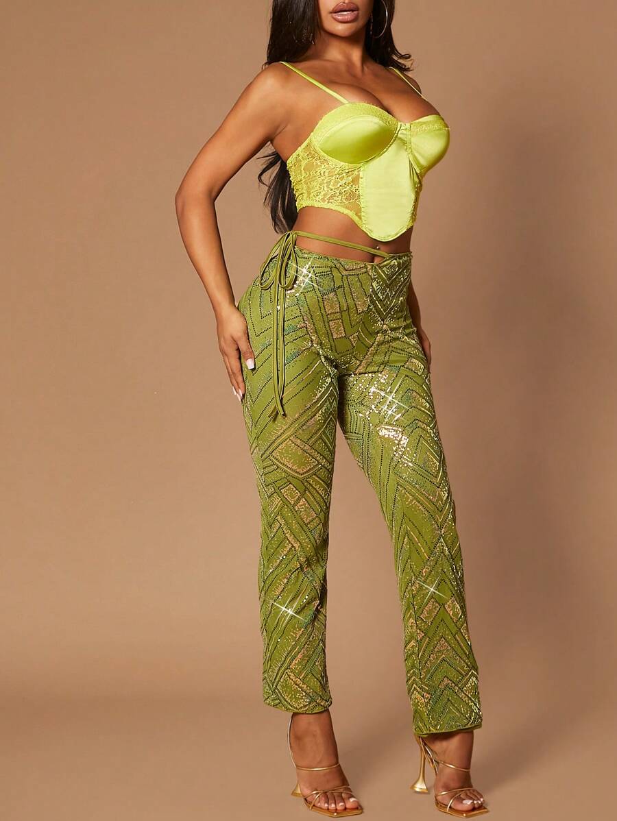 SHEIN SXY Tie Side Sequin Pants - Multicolor - View 1