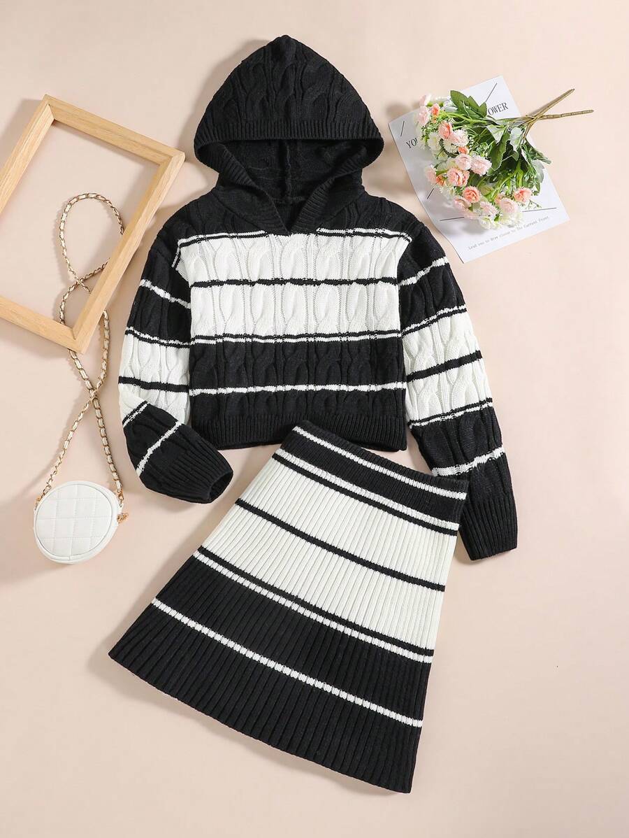 SHEIN Tween Girls' Two Tone Striped Dress Set With Knitted Sweater For Fashionable Look, Autumn/Winter - Black and White - View 1